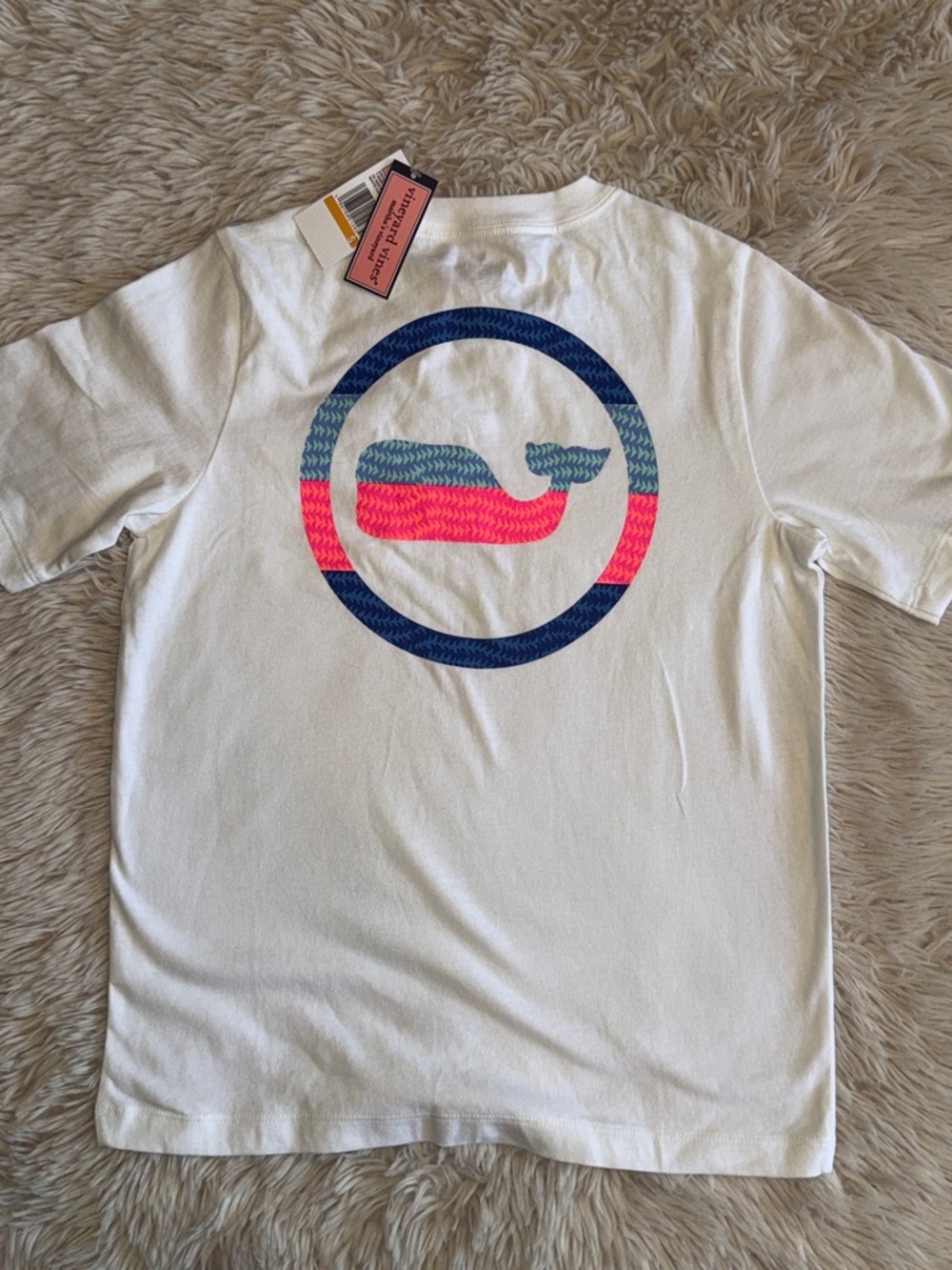 🐳 NWT Vineyard Vines White Tee with Blue, Teal & Pink Whale Logo - small 8-10